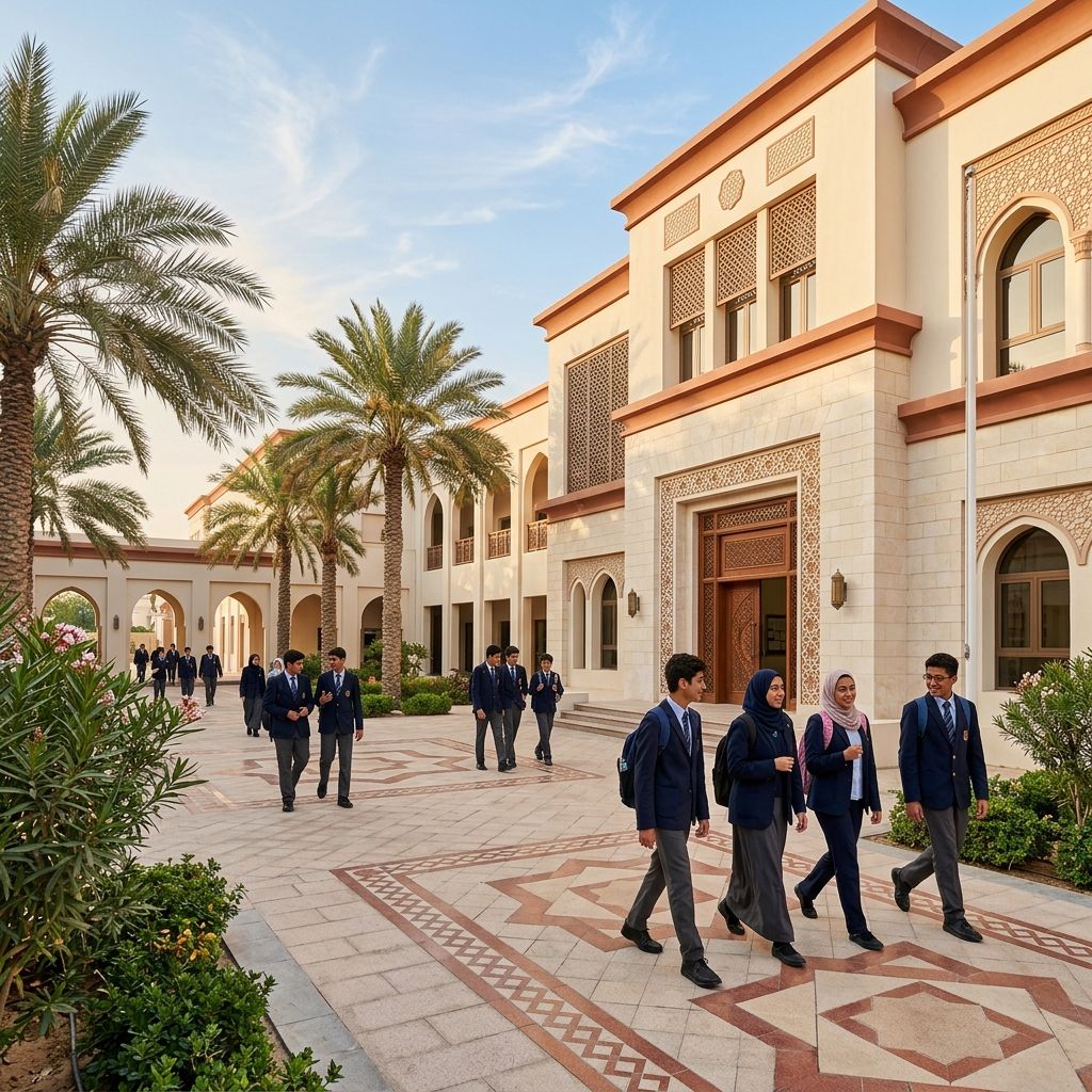 طلابٌ أمام مبنى مدرسةٍ في يومٍ مشمس